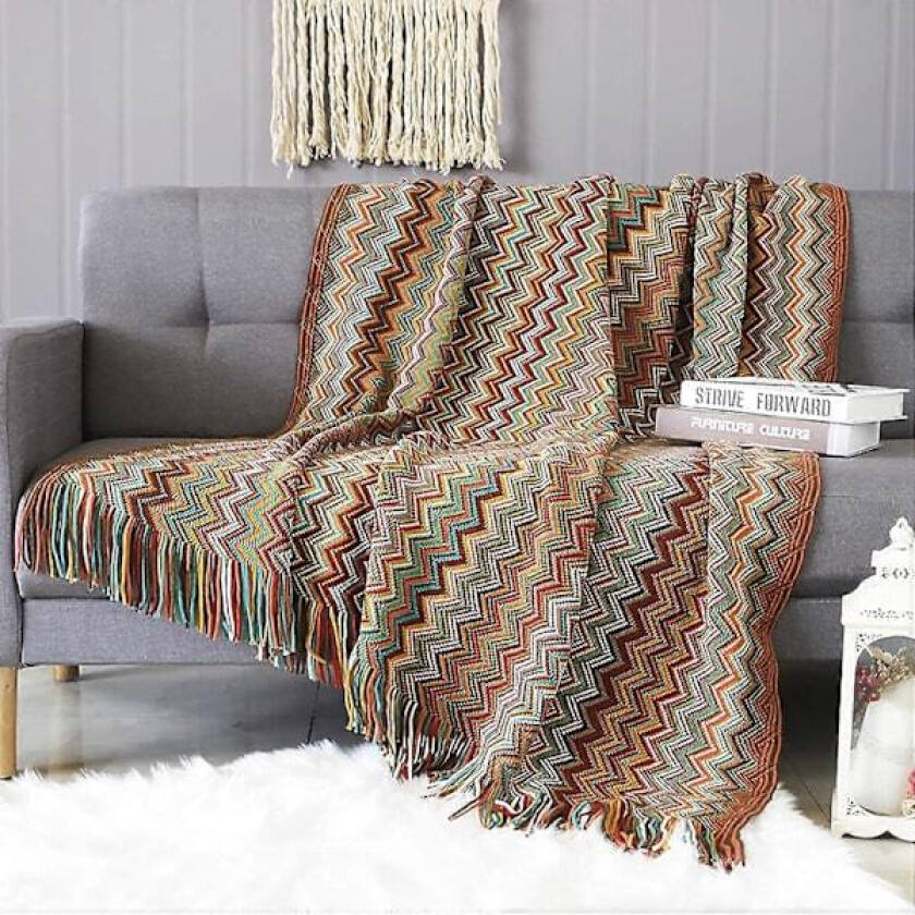 Strikket pledd med dusk, houndstooth, boho-rutete koseteppe, strikket pledd, sengeteppe, sofapledd, dekorativt pledd til sofa, seng, yell
