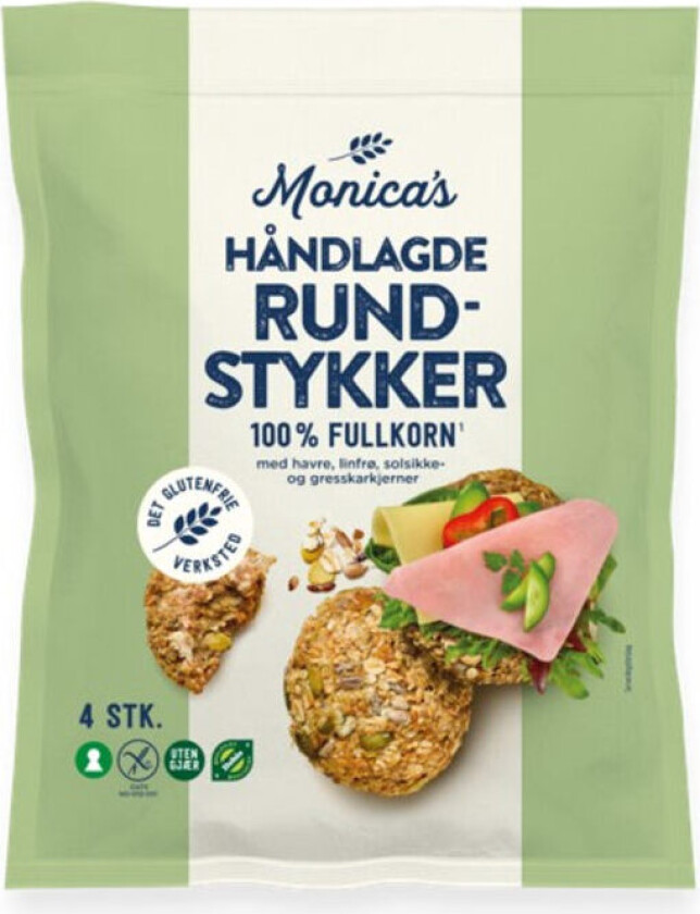 Rundstykker Glutenfrie og økologiske rundstykker kun bakt på vann, uten gjær eller andre tilsetningsstoffer. Tines på benken, eller i matpakken eller varmes opp i ovn på varmluft i 5-10 min.