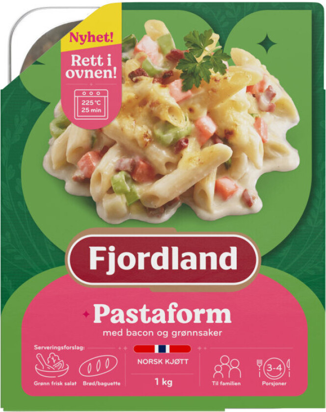 Pastaform En smakfull og barnevennlig pasta carbonara rett med bacon og grønnsaker - klar til å settes rett i ovnen. Kommer i en serveringsvennlig aluminiumsform - kan settes rett på bordet.