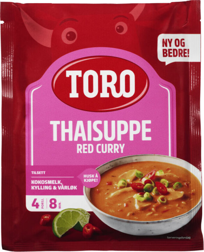 Thai Red Curry Suppe Thaisuppe Red Curry har en god smak av koriander, hvitløk og chili. Tilsett hakket koriander og litt limesaft for mer smak. Lett å like, lett å lage.