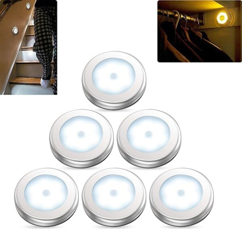 6-pakning bevegelsessensorlampe, batteridrevet LED-nattlampe, trappebelysning, under-skapbelysning, festes hvor som helst i hjemmet, kjøkkenet, hallen, skapet