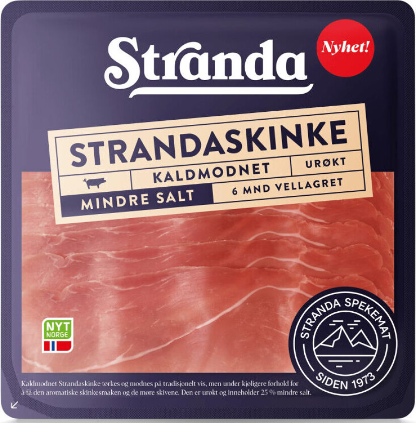 skinke Ny variant av skinke, nå med mindre salt. Den er også urøkt og skåret i lange fine skiver. Skinken er vellagret i 6 måneder slik som vanlig skinke.