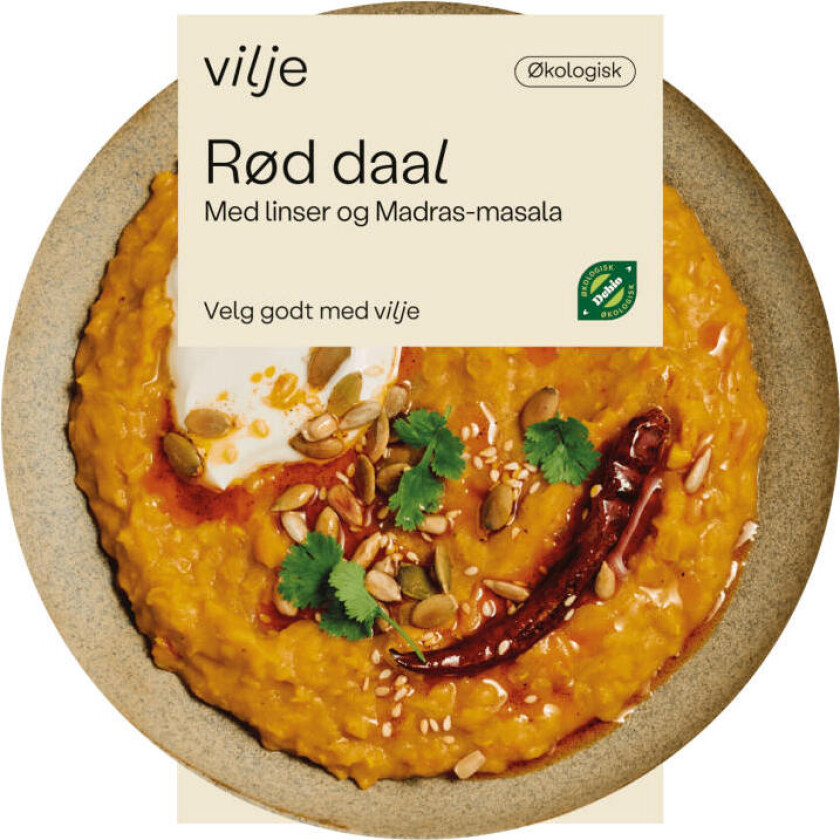 Rød Daal En aromatisk daal av linser og tomat. Retten er økologisk, plantebasert og uten tilsetningsstoffer.