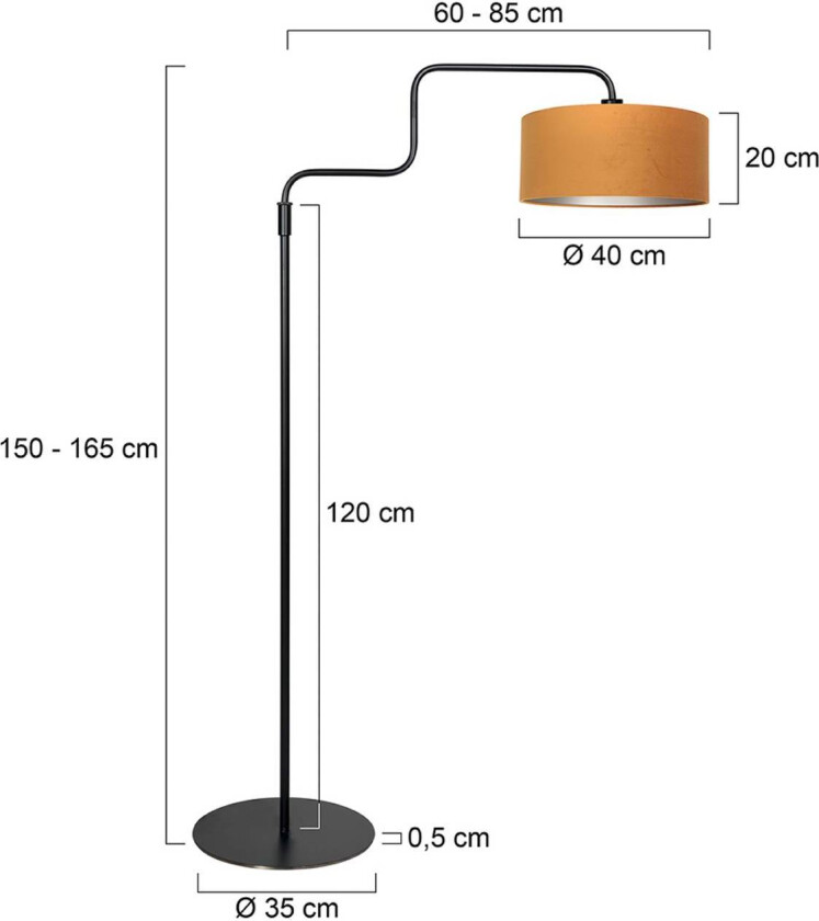 Gulvlampe Bloeba, svart/gullfarget, høyde 165 cm, velour