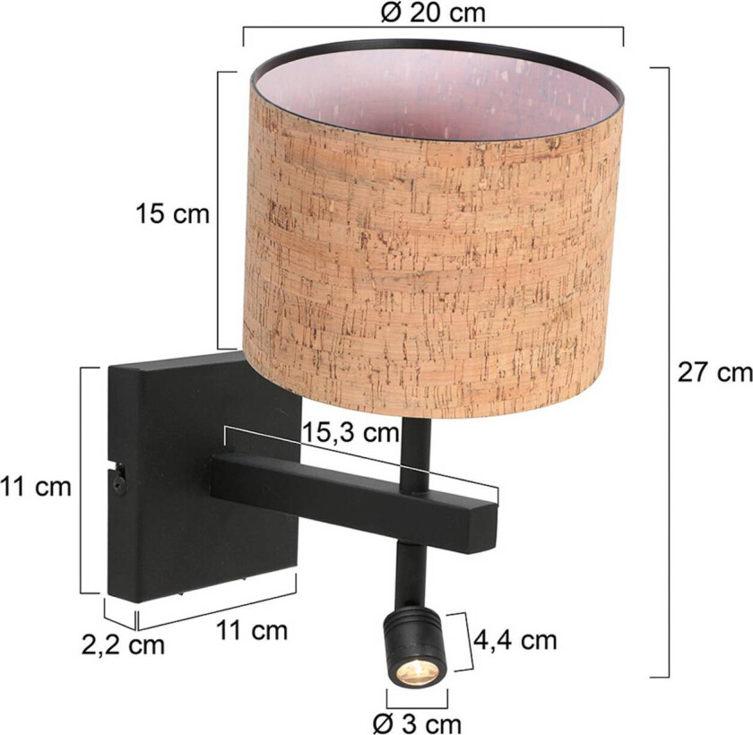 Vegglampe Stang, svart/brun LED-leselampe Høyde 27 cm Kork