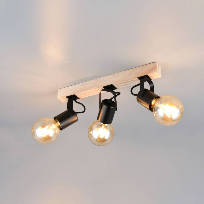 Taklampe Lynar, svart, tre, metall, lengde 42 cm, 3 lyskilder.