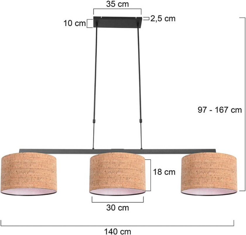Hengelampe Stang, svart/brun, lengde 140 cm, kork, 3 lyskilder.