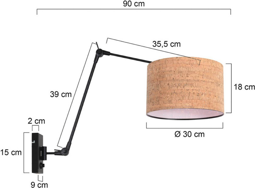Vegglampe Prestige Chic svart/brun, utstrekning 90 cm, kork
