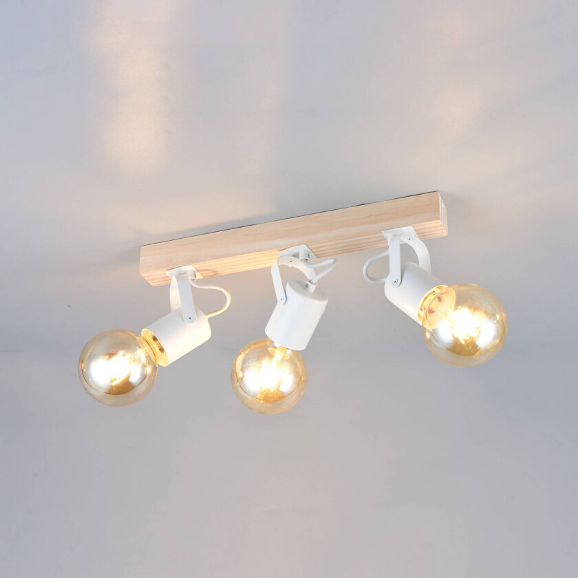 Taklampe Lynar, hvit, tre, metall, lengde 42 cm, 3 lyskilder.