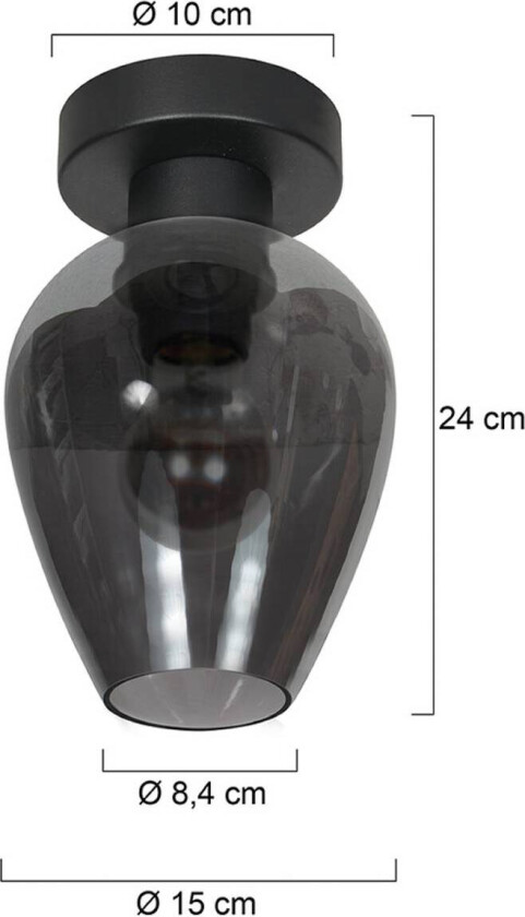 Taklampe Bloeba, svart/røykgrå, Ø 15 cm, glassdråpe