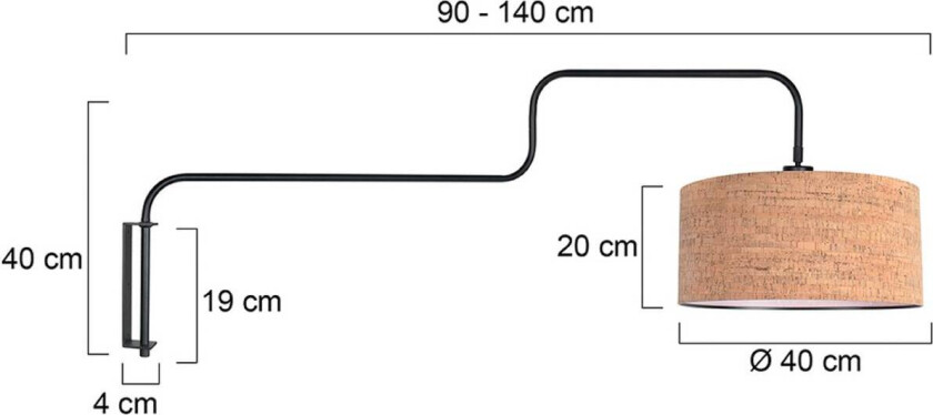 Vegglampe Bloeba, svart/brun, utstrekning 140 cm, kork