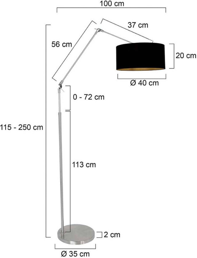 Gulvlampe Prestige Chic stålfarget/svart-gull Høyde 250 cm