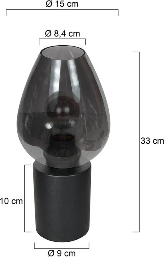 Bordlampe Bloeba, svart/røykgrå, Ø 15 cm, glassdråpe