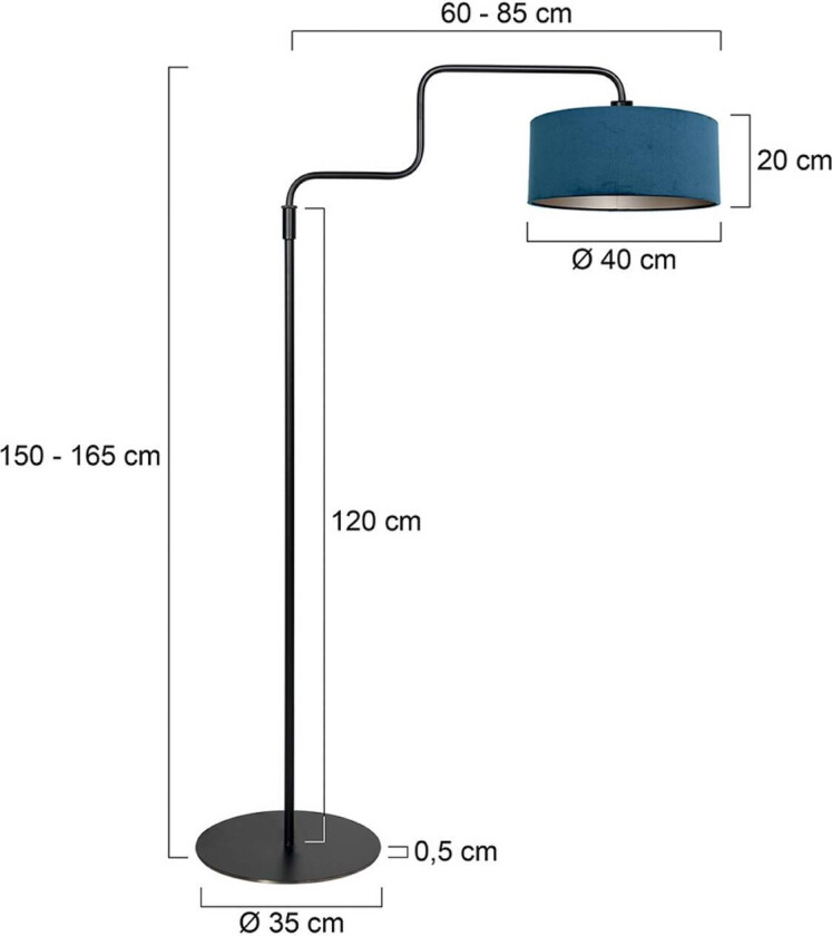 Gulvlampe Bloeba, svart/blå, høyde 165 cm, velour