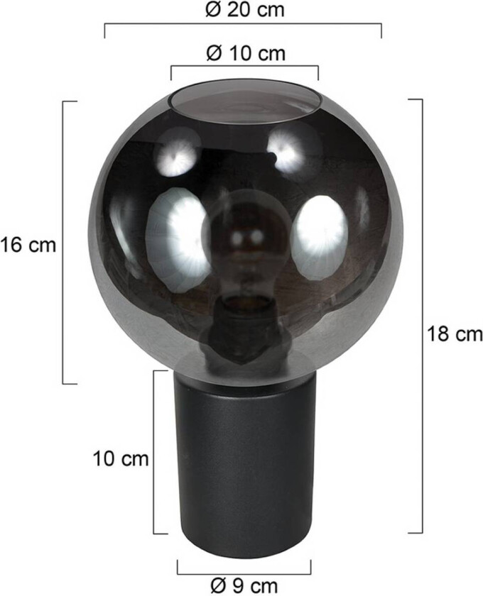 Bordlampe Bloeba, svart/røykgrå, Ø 20 cm, glasskule