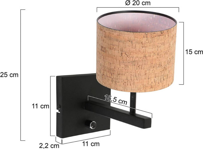 Vegglampe Stang, svart/brun, høyde 25 cm, kork
