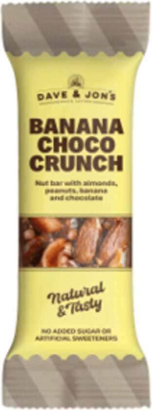 Dave&Jon's Nøttebar Nøttebar med smak av Banan og Sjokolade. Rik på fiber og protein uten tilsatt sukker.