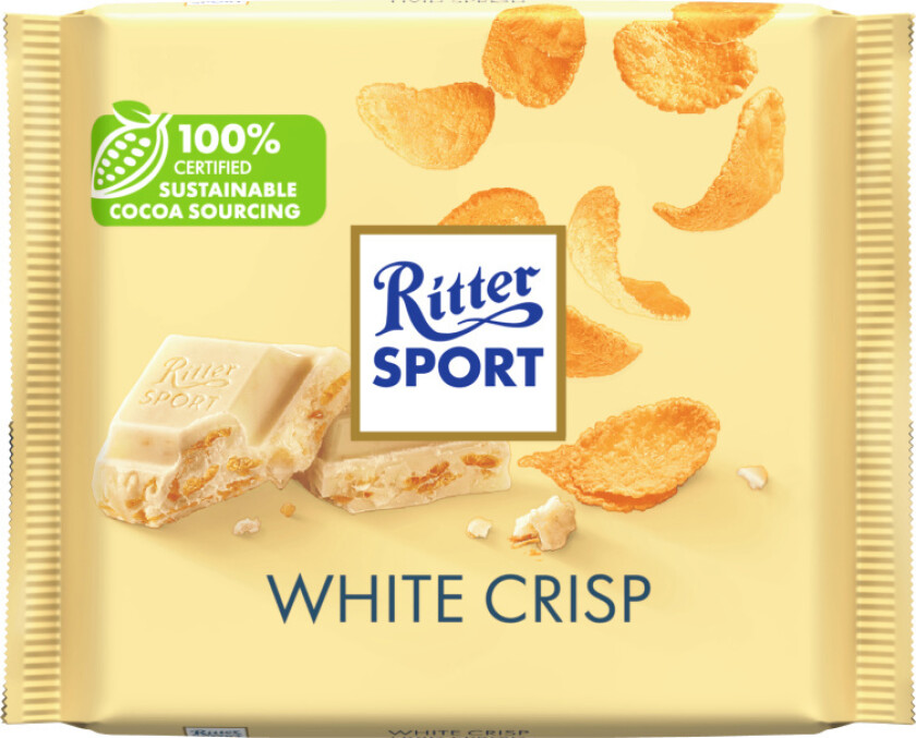 White Crisp Sprø risflak dekket av hvit sjokolade.