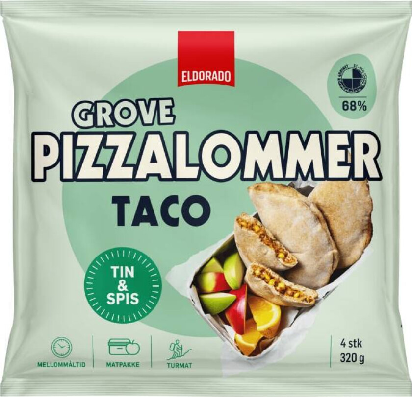 Pizzalomme Grove Grov pizzalomme med smak av taco, fylt med kjøttdeig, mais og tomatsaus. Produktet kan tines og spises og også varmes. Perfekt til matpakker, turmat eller som et mellommåltid.