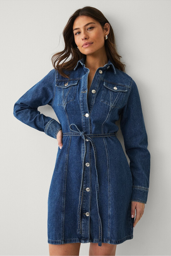 Denimkjole med knytbart belte - Blå