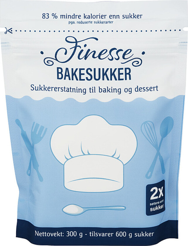 Finesse Sukkererstatning perfekt til baking. Bruk din favorittoppskrift og bytt ut sukker med Finesse Bakesukker. En del Finesse er lik to deler sukker. Perfekt resultat, hver gang.