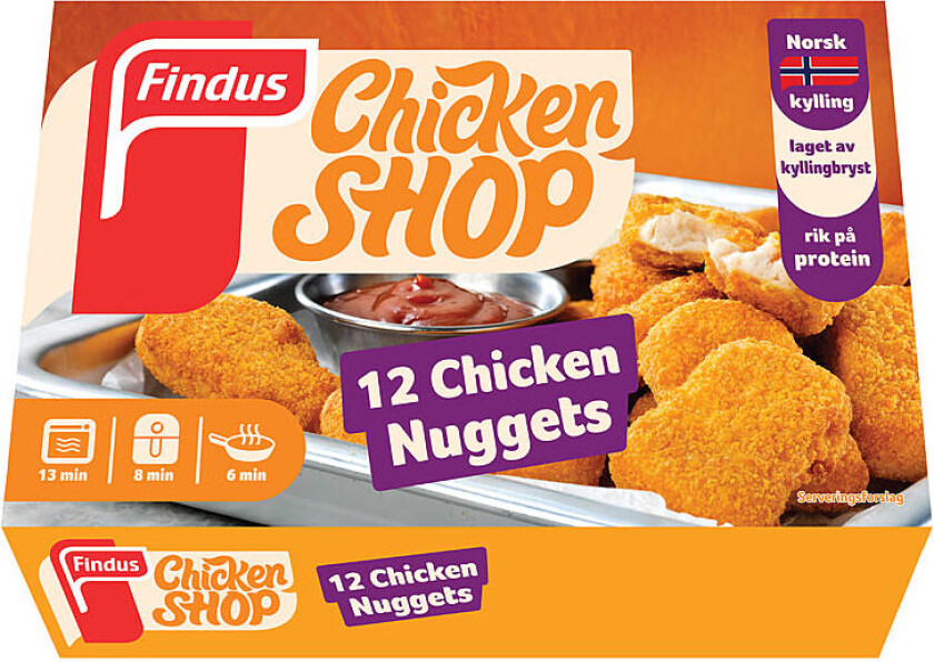 Chicken Nuggets Sprø Nuggets, laget av brystfilet fra Norsk saktevoksende kylling med en mild og god panering - perfekt for barna. Produktet tilberedes perfekt i en Airfryer eller i en stekeovn.