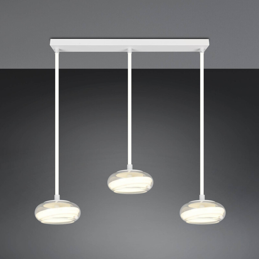 LED-hengelampe Tarsia, matt hvit, lengde 91 cm, glass, 3 lyskilder.
