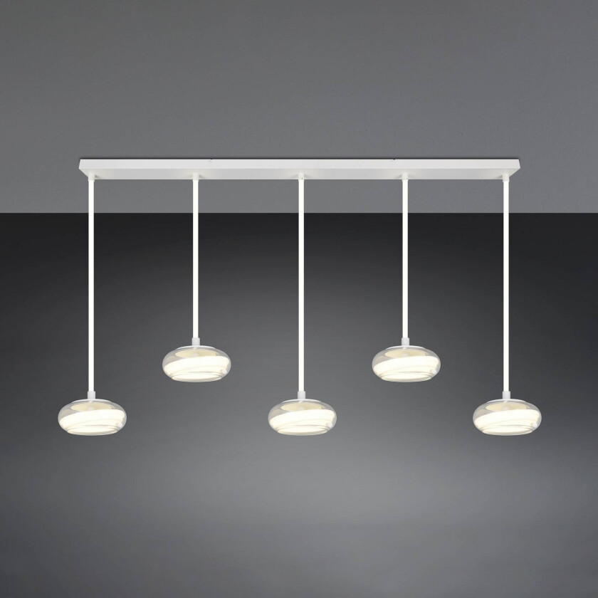 LED-hengelampe Tarsia, matt hvit, lengde 161 cm, glass, 5 lyskilder.