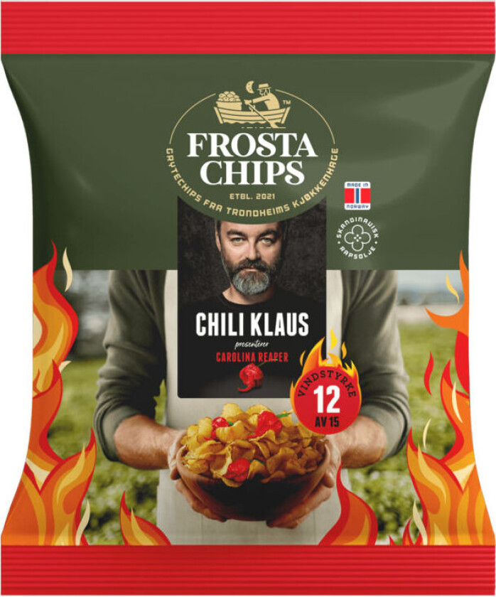 ? Ekstrem opplevelse: Basert på verdens sterkeste chili – Carolina Reaper – med intens, brennende styrke.
?? Vindstyrke 12/15: Den kraftigste chipsen vi kan produsere – en ekte «challenge-variant».