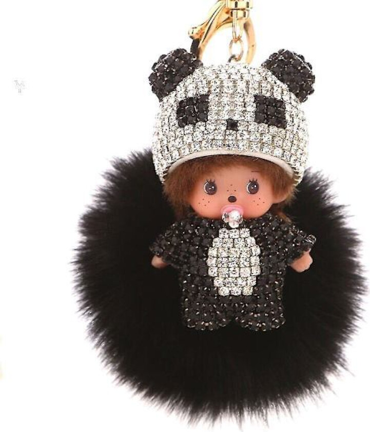 Svart Panda Diamant Monchichi Plysj Nøkkelring Dukkeleke Nøkkelring Nøkkelkjede Veske Anheng Nøkkelring