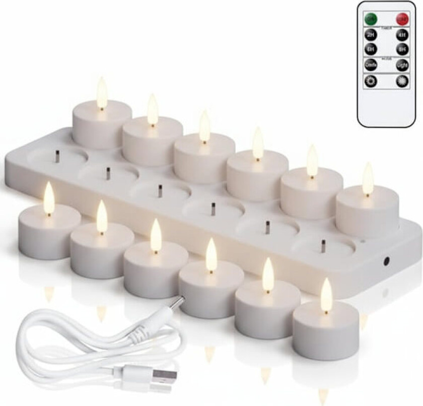 12-pakning oppladbare LED-lys telys med fjernkontroll og timer uten flamme – flimrende varme lys Halloween, jul og festdekorasjoner