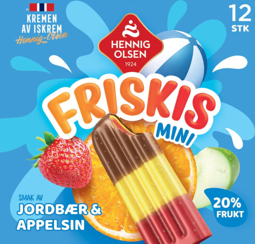 Friskis En klassiker i isdisken. Friskis er en fruktis med herlig smak av appelsin og jordbær med en sjokohatt. 12stk i esken. Inneholder 20% frukt.