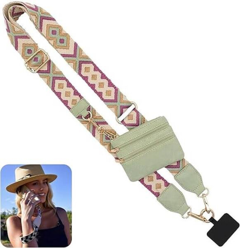 1-pakke telefon lanyard med glidelås oppbevaringsveske - Clip-on telefon lanyard crossbody veske - Grønn