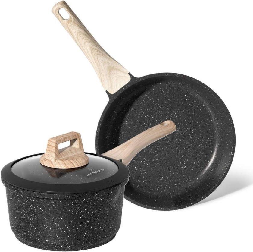 Granitt non-stick kokekarsett – stekepanne og kasserolle, svart