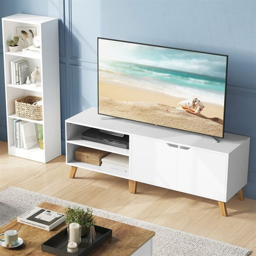 TV-benk 140 cm med oppbevaring – Passer TV opptil 65 tommer, hvit