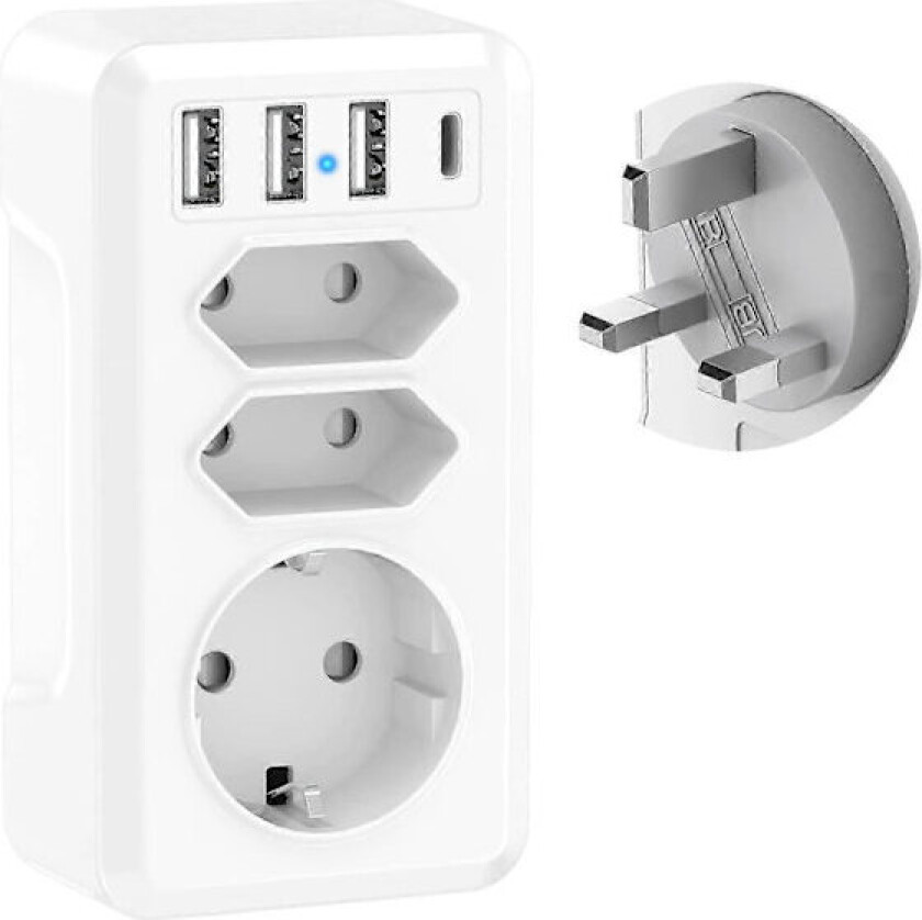7-i-1 Reiseadapter med 3 USB & USB-C - Dubai Malaysia Irland Pluggadapter (Type G)