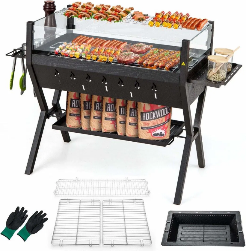 Kullgrill med frontrute og krydderhyller – rustfritt stål