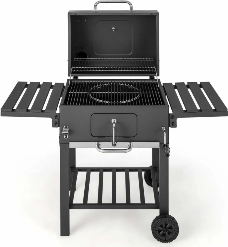 Kullgrill med lokk & 2 sammenleggbare sidebord & 8 kroker & termometer & flaskeåpner