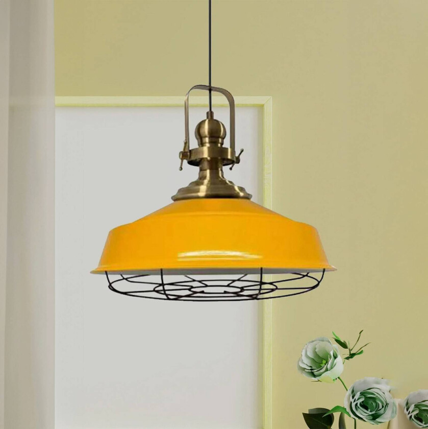 Astel hengelampe, gul, Ø 41 cm, metall, detaljer i antikk messing