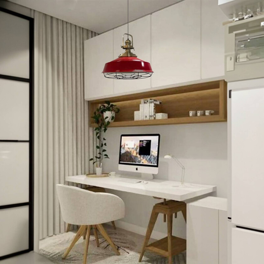 Astel hengelampe, rød, Ø 41 cm, metall, detaljer i antikk messing