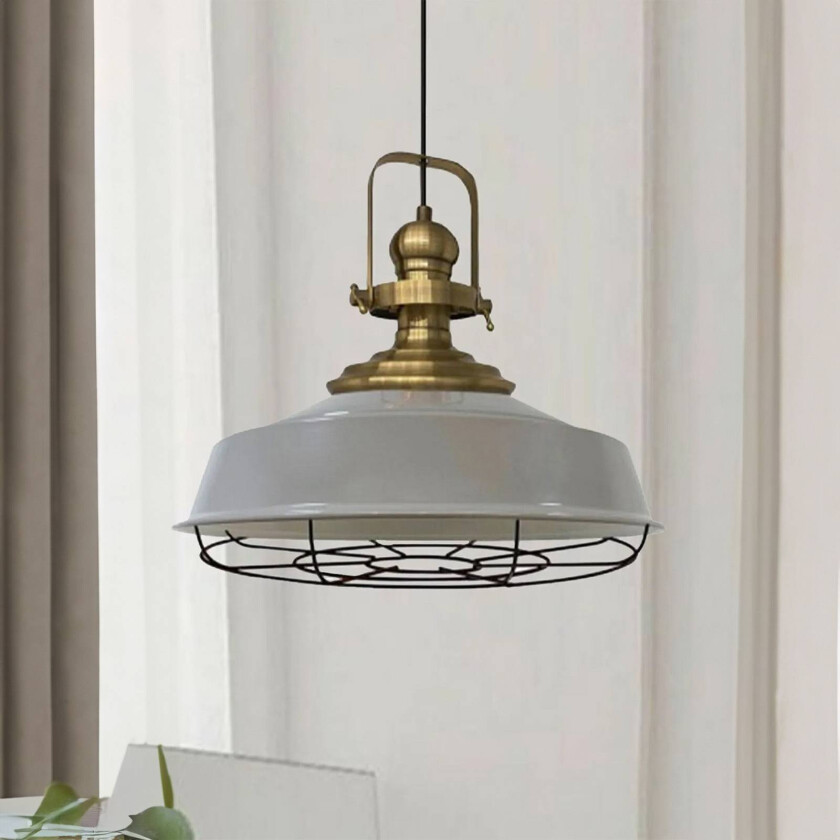 Astel hengelampe, grå, Ø 41 cm, metall, detaljer i antikk messing