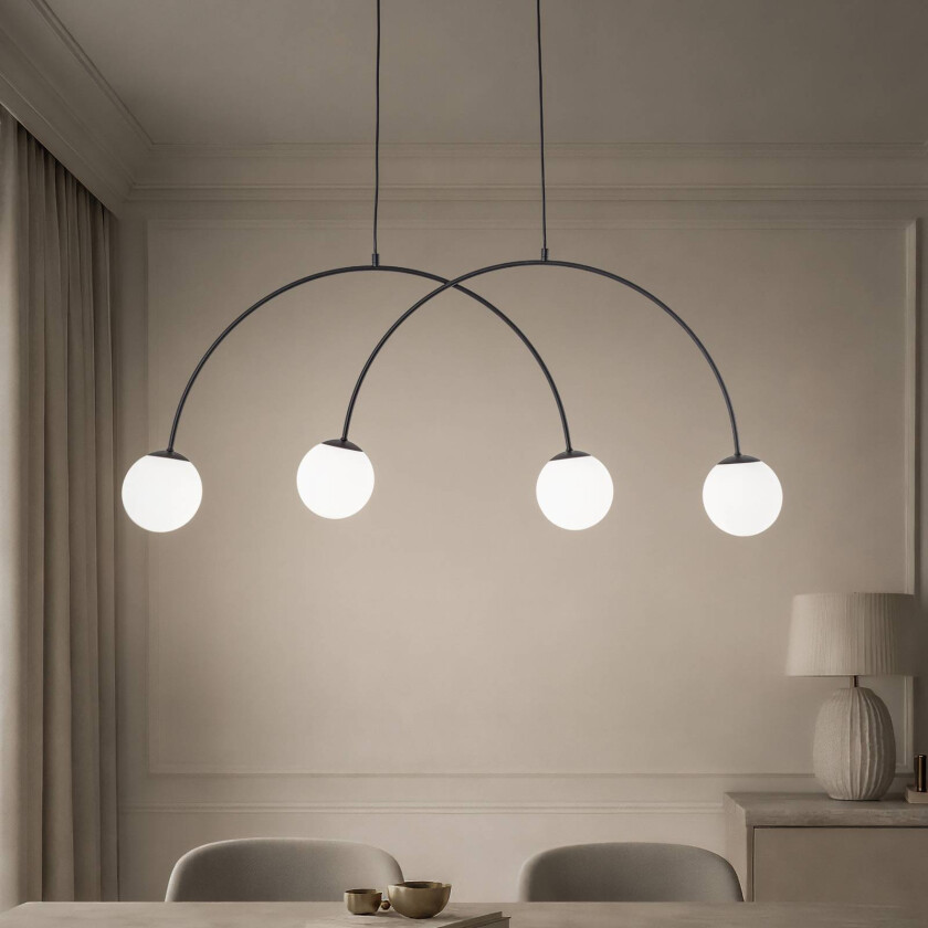 Hengelampe Nova, glass/metall, svart/hvit, 4 lyskilder