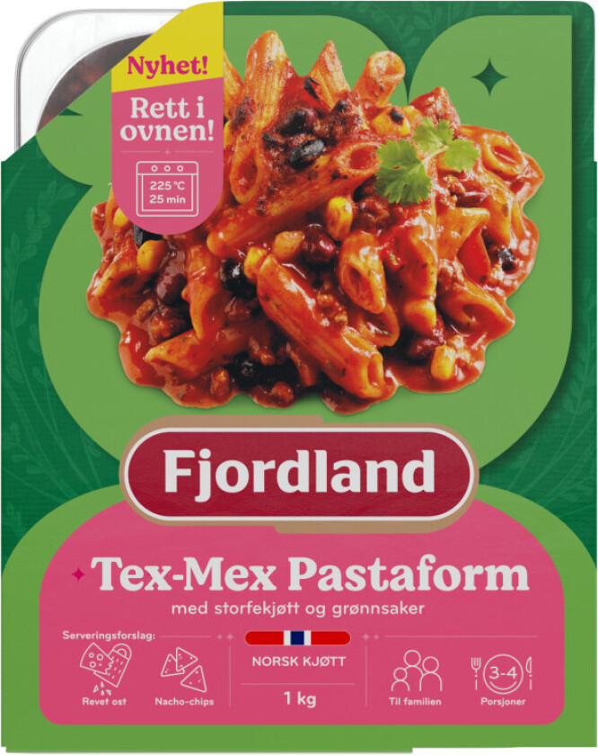 Tex-Mex Pastaform En mild og velsmakende Texmex pastaform med storfekjøtt og grønnsaker - klar til å settes rett i ovnen. Kommer i en serveringsvennlig aluminiumsform - kan settes rett på bordet.