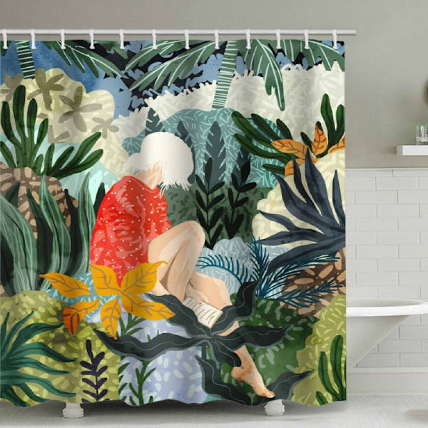 Fargerikt dusjforheng med treblomster og sommerfugler, myke farger, vanntett polyesterstoff, med 12 kroker, egnet for bruk på badet