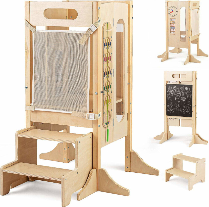 Sammenleggbart læringstårn med tavle og sikkerhetsnett