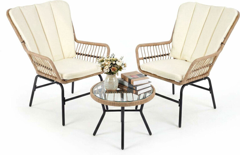 3-delt bistrosett i PE-rotting med puter og glassbord