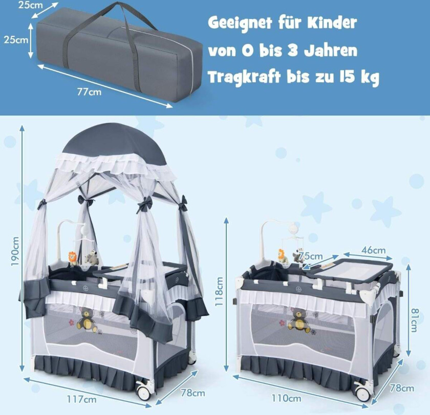 4-i-1 reiseseng for baby med kalesje og madrass - grå