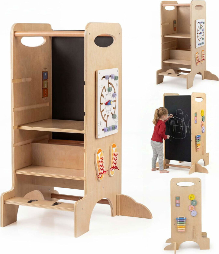 Montessori læringstårn – justerbar høyde og tavle