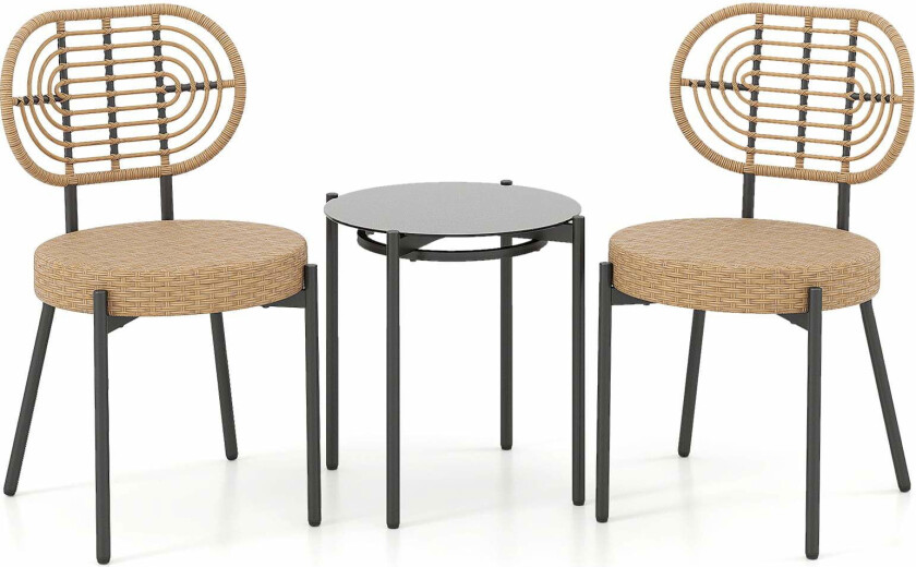 3-delt bistrosett i rotting med bord i herdet glass