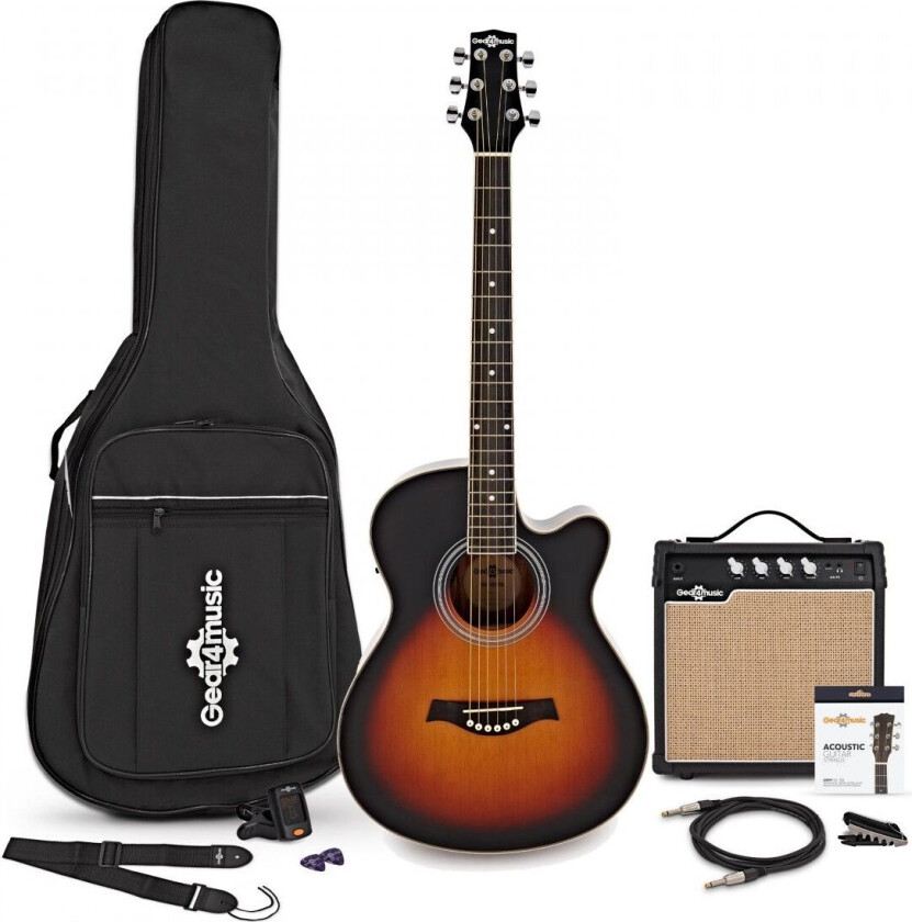 Gear4Music Single Cutaway Elektroakustisk Gitar + 15W Forsterkerpakke Sunburst